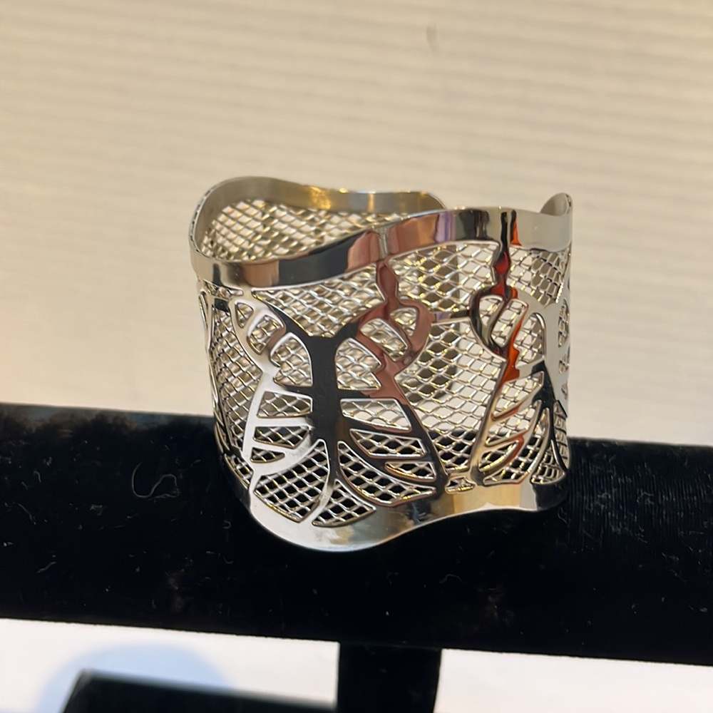 Stainless Steel Silver Mesh Cuff Bracelet - Intricate Cutout Design